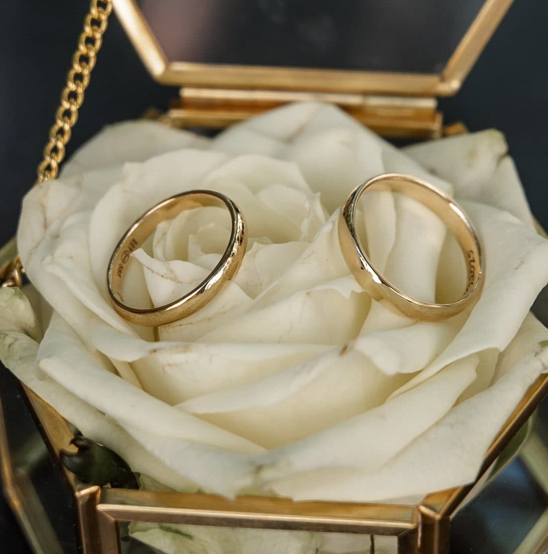 Eheringe auf weißer Rose